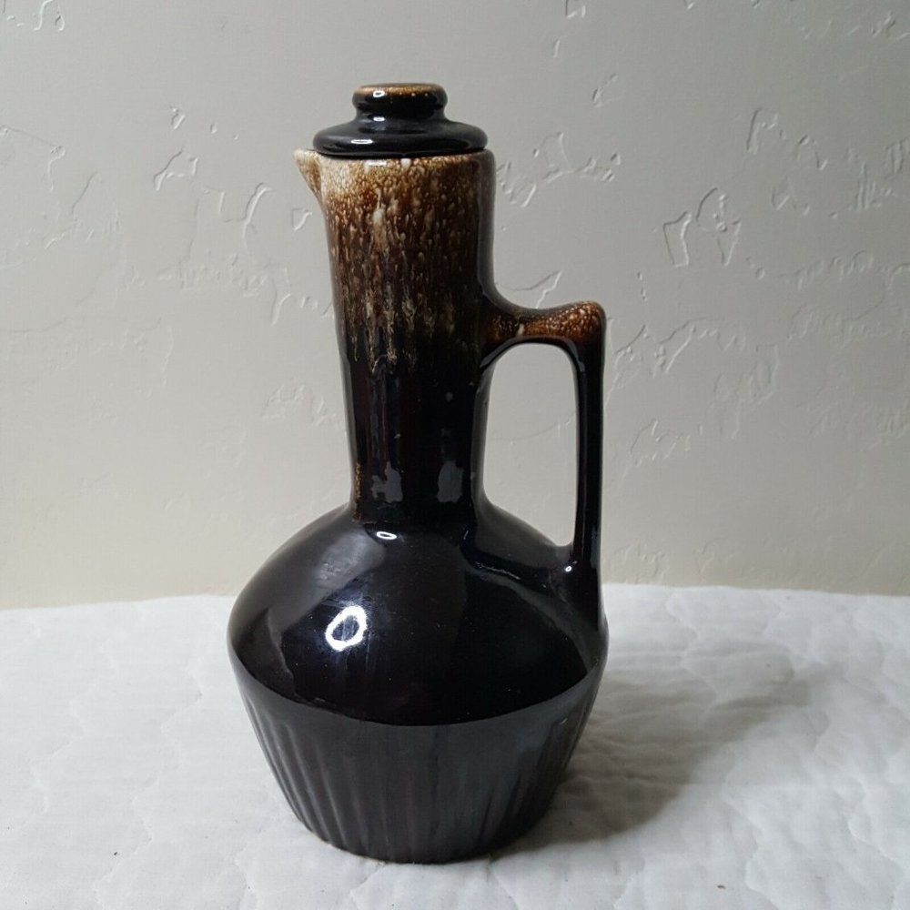 Brown Pottery Pitcher Carafe w Lid Speckled Drip Glaze Monmouth Pottery Co USA